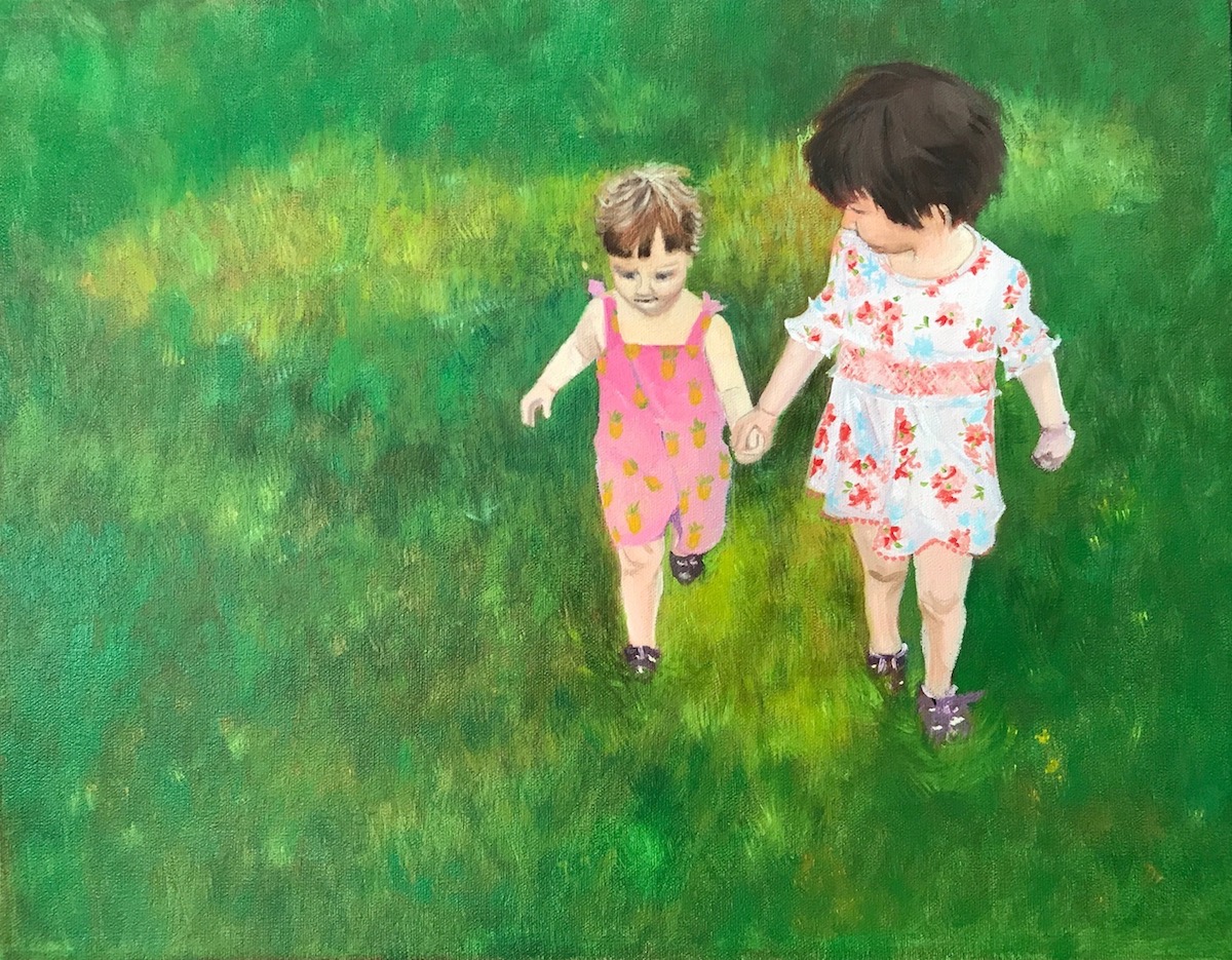 oeuvre à l'huile originale intitulée petites soeur sur toile réalisée par l'artiste peintre contemporaine Myriame Beaudoin alias MyriBo