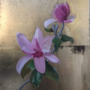 magnifique magnolia, toile originale à l'huile et feuilles métalliques or, réalisée par Myriame Beaudoin artiste peintre alias MyriBo